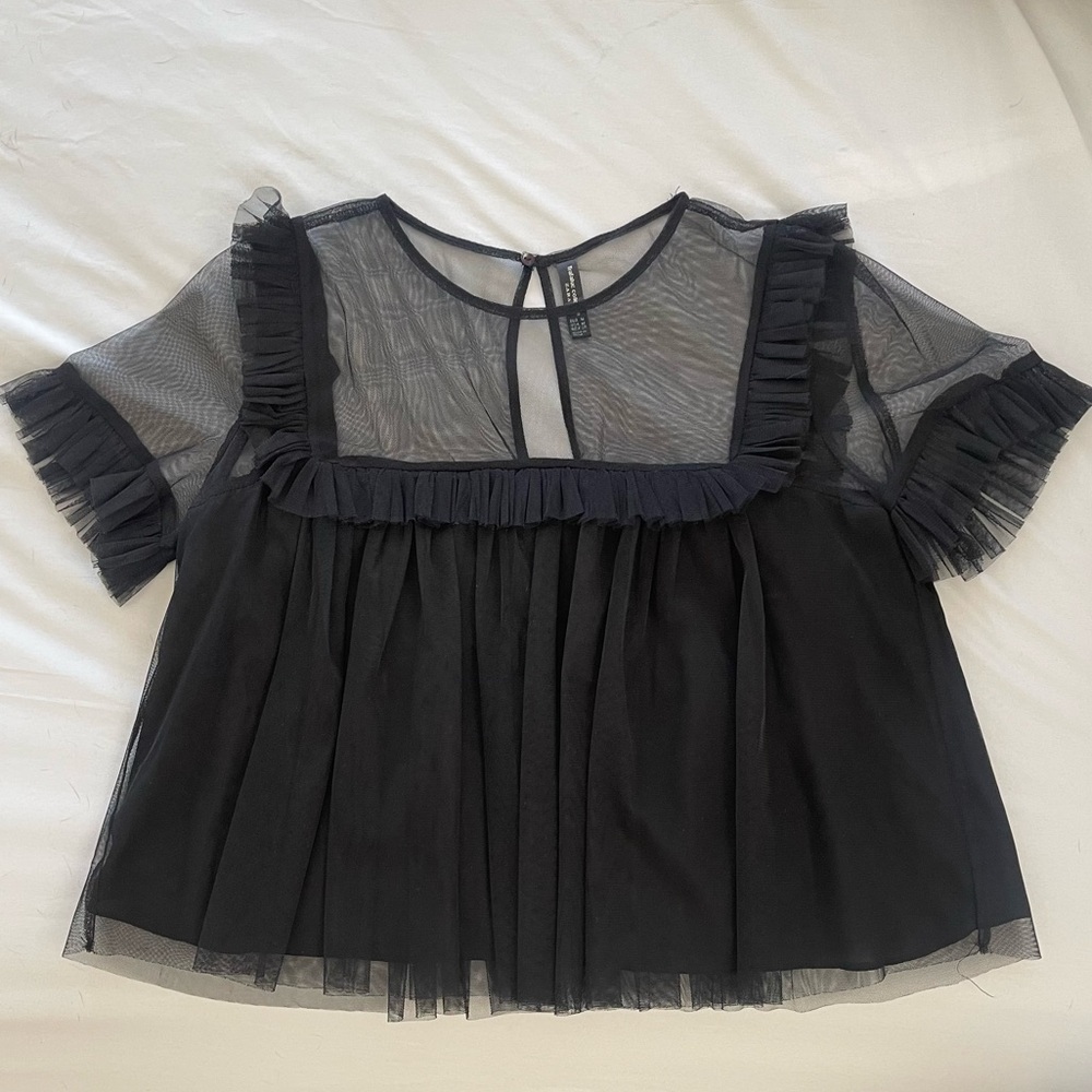 Zara black mesh ruffle top